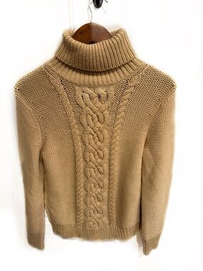 Theory Camel Cable-Knit Turtleneck Sweater 100% Wool Vintage